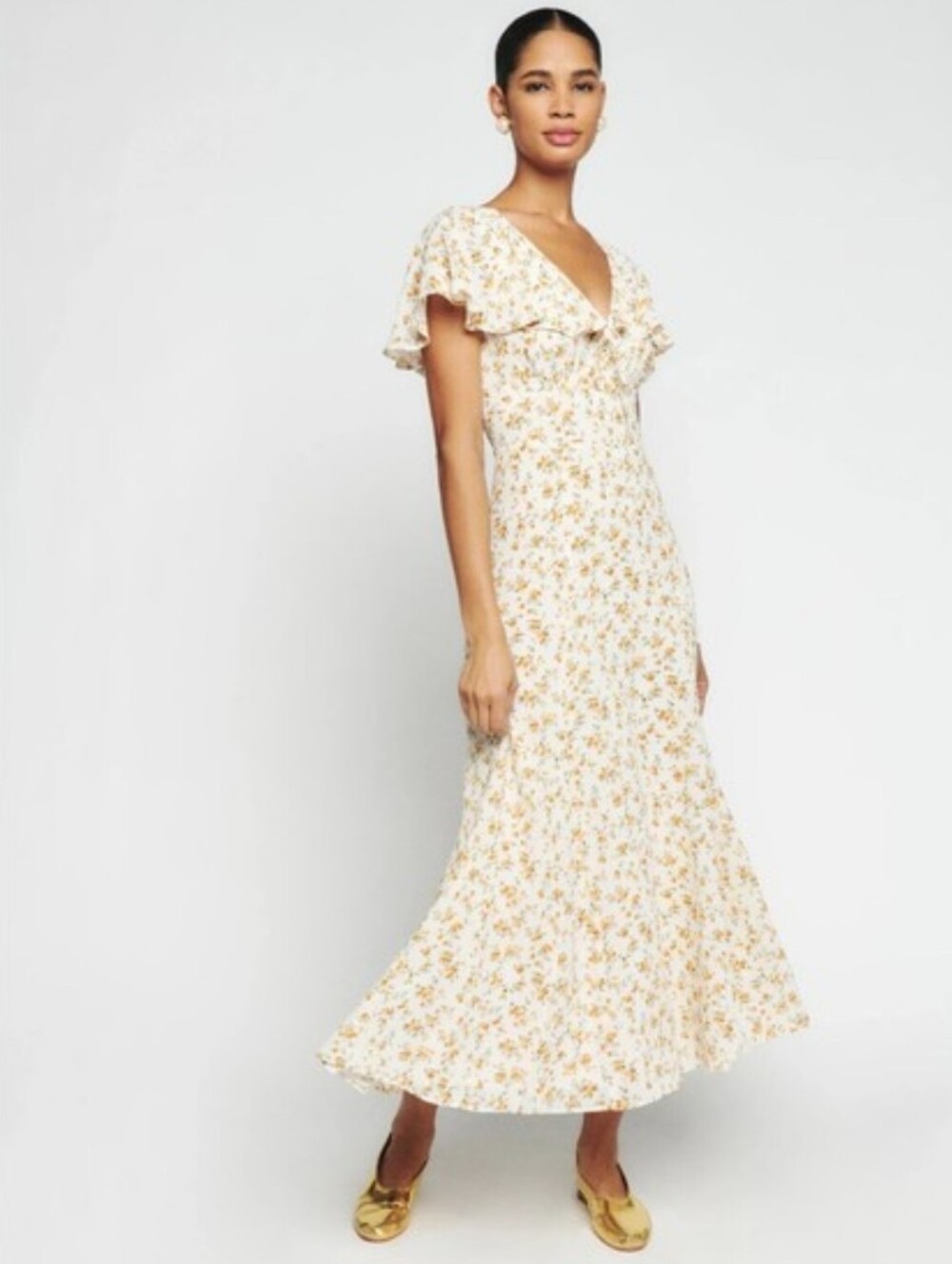 Reformation Bronwen Capelet Midi Dress Adagio Ditsy Floral White Yellow Size 8